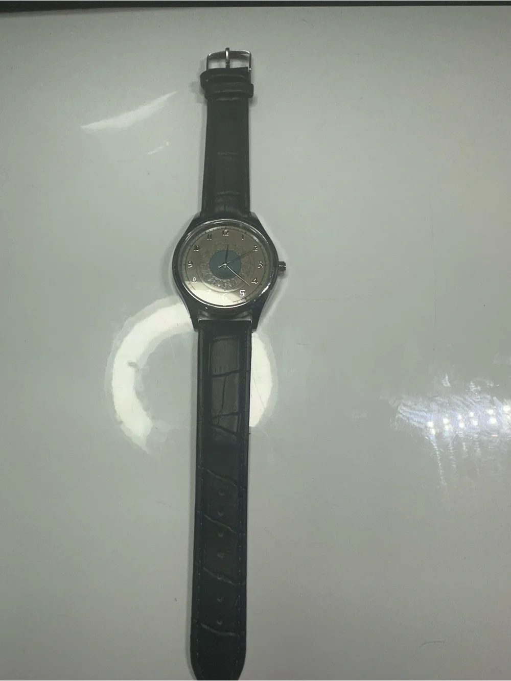 Men's Black Leather Strap Silver Dial Watch